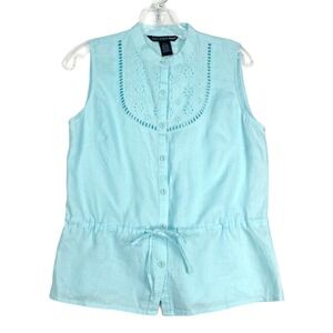 Saint Tropez West Linen Top Sz Small Eyelet Lace Blue Old Money Cottagecore
